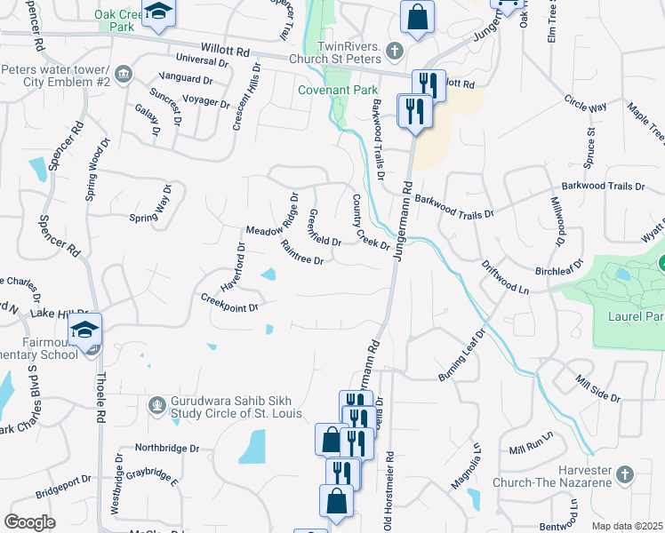 map of restaurants, bars, coffee shops, grocery stores, and more near 5 Pinehurst Court in St. Peters
