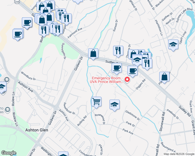 map of restaurants, bars, coffee shops, grocery stores, and more near 8903 Sugarwood Court in Manassas