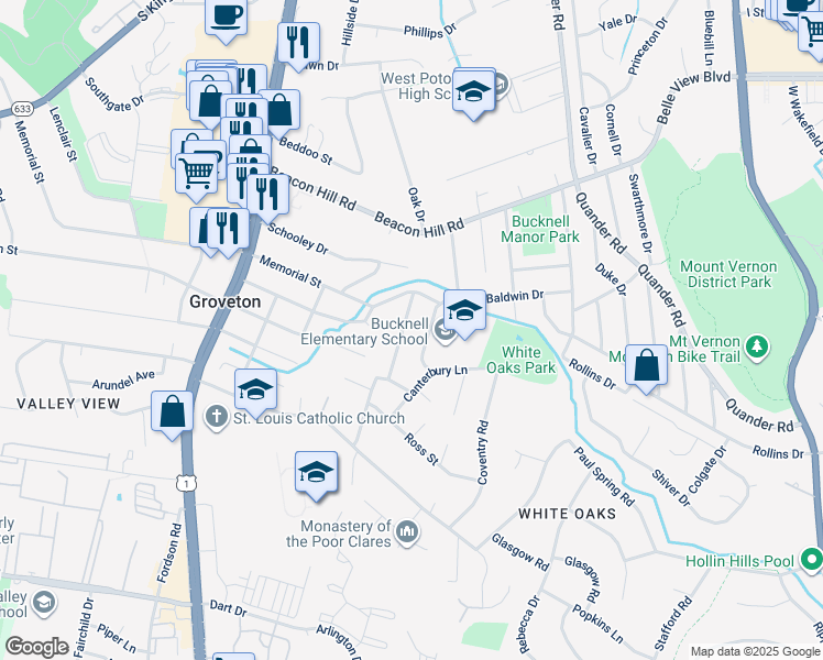 map of restaurants, bars, coffee shops, grocery stores, and more near 6921 Westhampton Drive in Alexandria