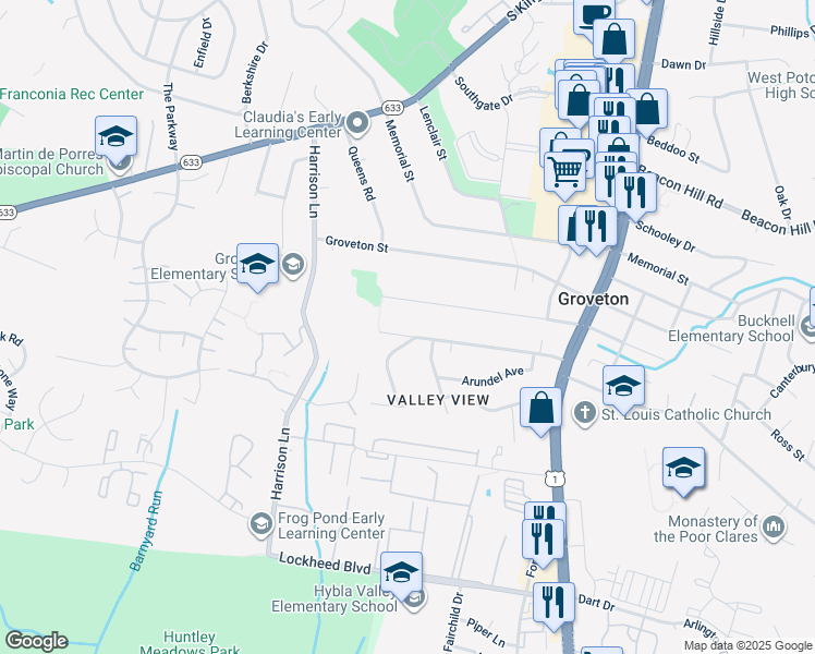 map of restaurants, bars, coffee shops, grocery stores, and more near 3410 Collard Street in Alexandria