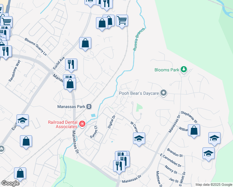 map of restaurants, bars, coffee shops, grocery stores, and more near 9724 Holmes Place in Manassas Park