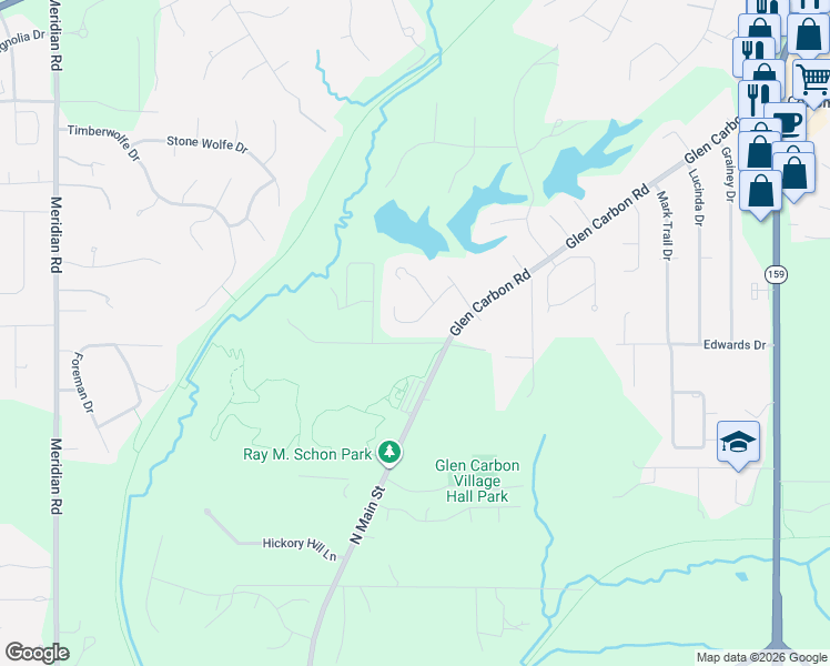 map of restaurants, bars, coffee shops, grocery stores, and more near 10 Glen Hollow Road in Glen Carbon