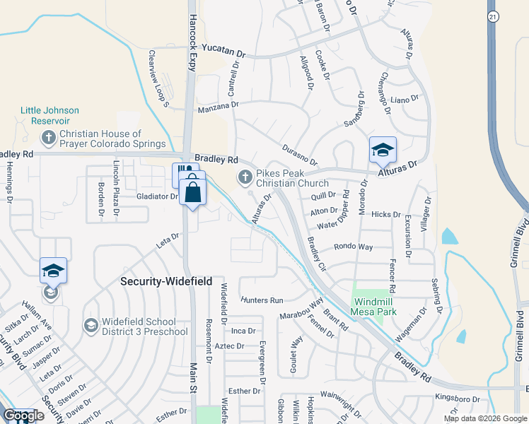 map of restaurants, bars, coffee shops, grocery stores, and more near 5018 Rill Valley Way in Colorado Springs