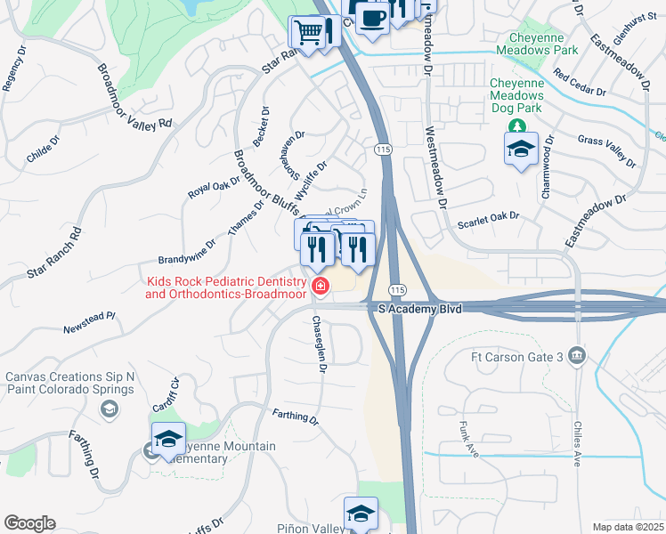 map of restaurants, bars, coffee shops, grocery stores, and more near 6510 South Academy Boulevard in Colorado Springs