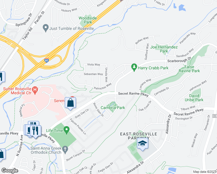 map of restaurants, bars, coffee shops, grocery stores, and more near 2224 Petruchio Way in Roseville