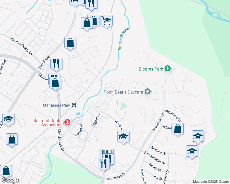 map of restaurants, bars, coffee shops, grocery stores, and more near 9620 Wigfall Way in Manassas Park