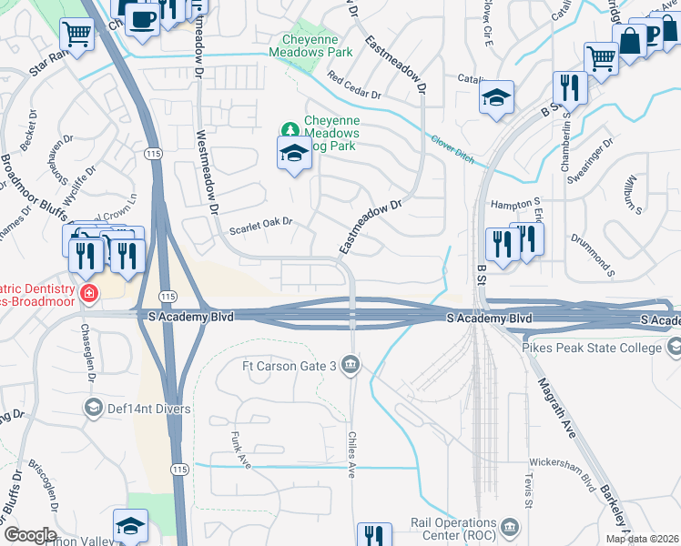 map of restaurants, bars, coffee shops, grocery stores, and more near 1245 Capistrano Point in Colorado Springs
