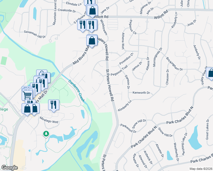 map of restaurants, bars, coffee shops, grocery stores, and more near 1420 Saint Peters Howell Road in St. Peters