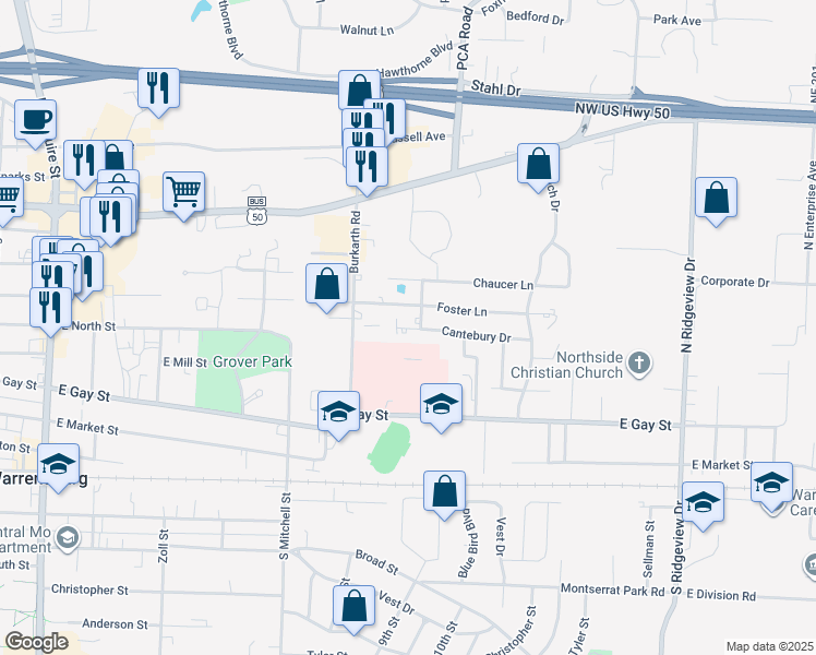 map of restaurants, bars, coffee shops, grocery stores, and more near 517 Cantebury Drive in Warrensburg