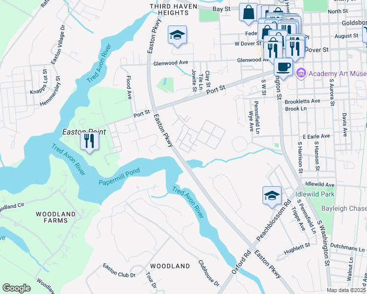 map of restaurants, bars, coffee shops, grocery stores, and more near 304 Wheatley Drive in Easton