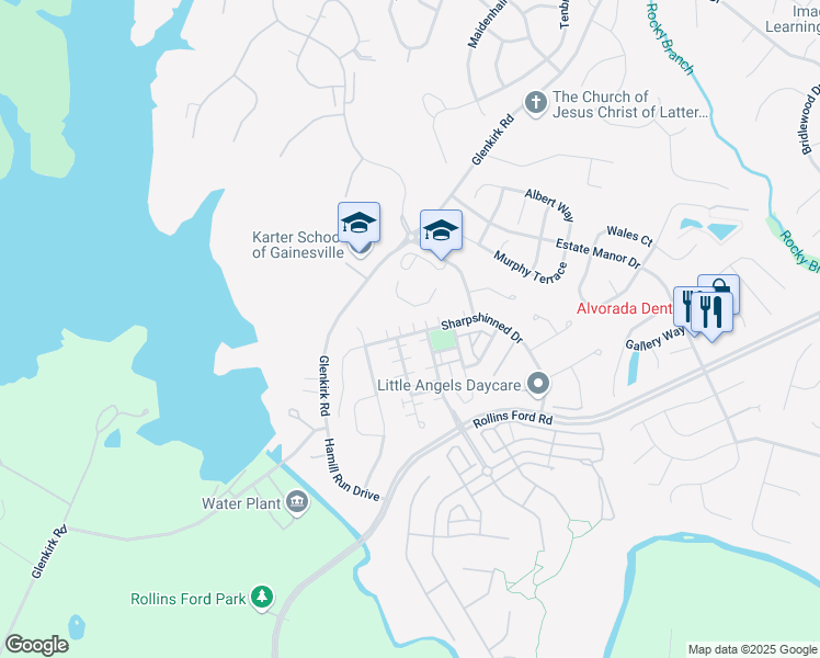 map of restaurants, bars, coffee shops, grocery stores, and more near 14420 Sharpshinned Drive in Gainesville