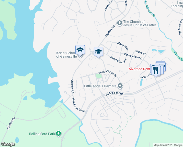 map of restaurants, bars, coffee shops, grocery stores, and more near 14420 Sharpshinned Drive in Gainesville
