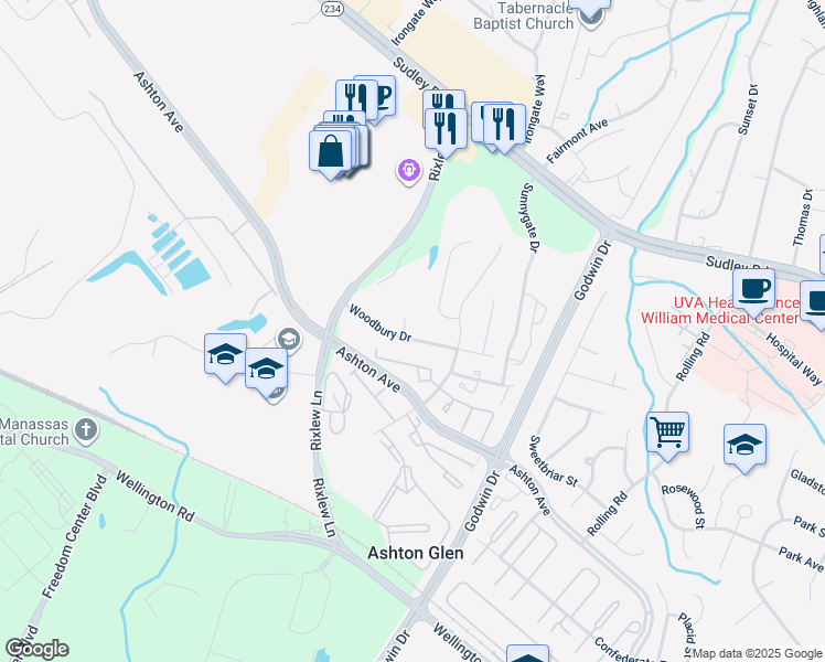 map of restaurants, bars, coffee shops, grocery stores, and more near 8655 Hallard Court in Manassas