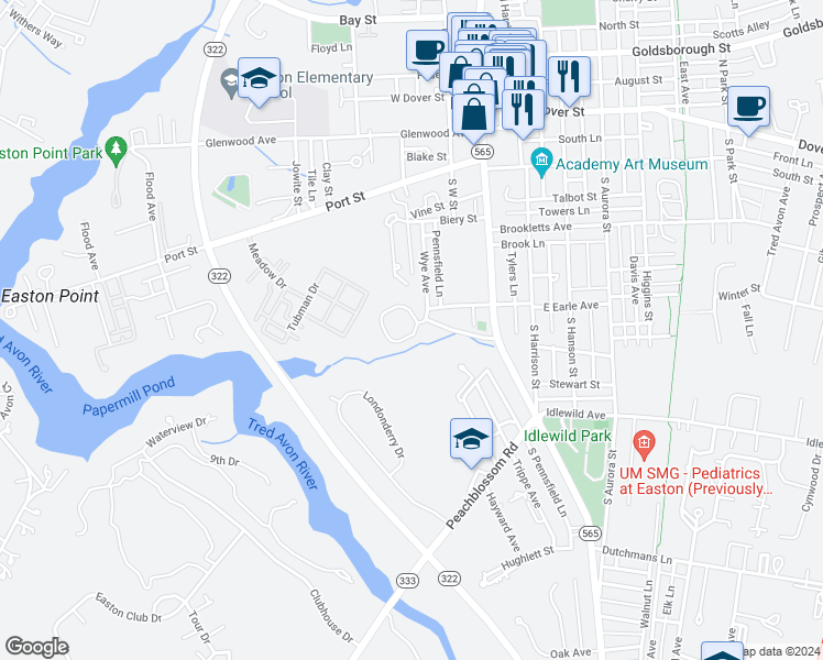 map of restaurants, bars, coffee shops, grocery stores, and more near 106 West Earle Avenue in Easton
