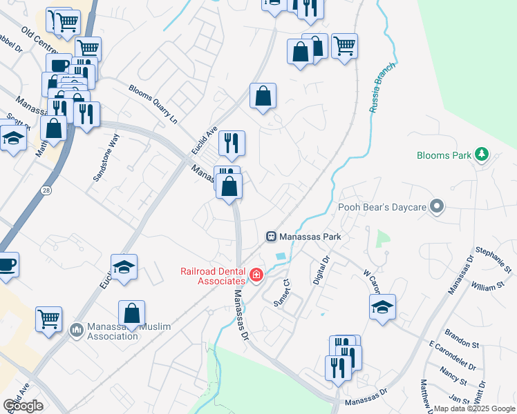 map of restaurants, bars, coffee shops, grocery stores, and more near 1 Park Center Court in Manassas Park