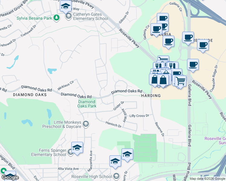 map of restaurants, bars, coffee shops, grocery stores, and more near 471 Diamond Oaks Road in Roseville
