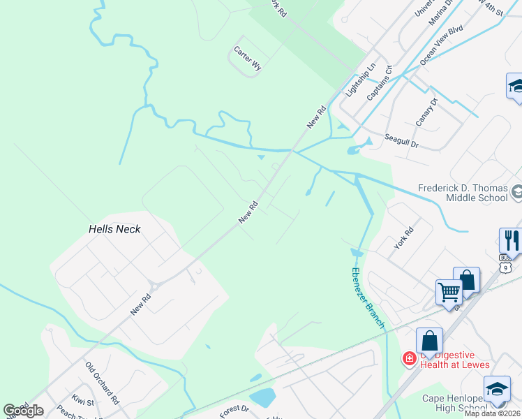 map of restaurants, bars, coffee shops, grocery stores, and more near 33645 Canary Creek Dr in Lewes