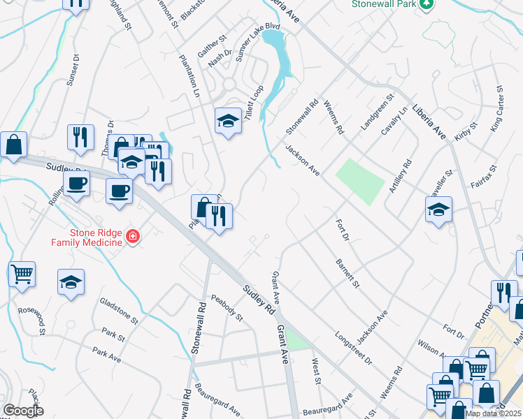 map of restaurants, bars, coffee shops, grocery stores, and more near 8668 Weir Street in Manassas
