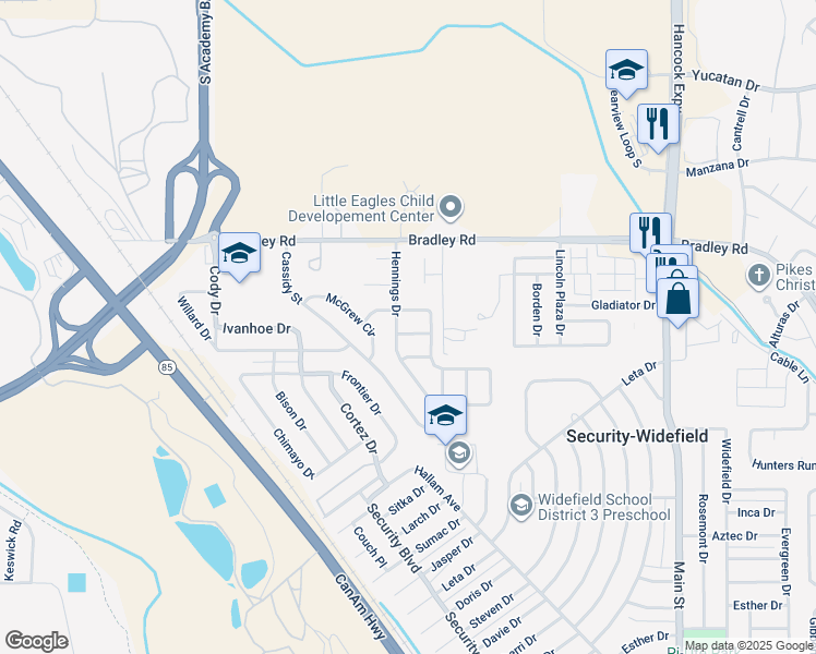 map of restaurants, bars, coffee shops, grocery stores, and more near 4240 Dye Street in Colorado Springs