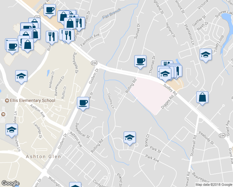 map of restaurants, bars, coffee shops, grocery stores, and more near 8903 Sugarwood Court in Manassas