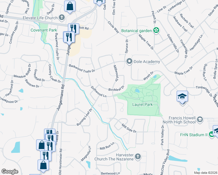 map of restaurants, bars, coffee shops, grocery stores, and more near 174 Birchleaf Drive in St. Peters