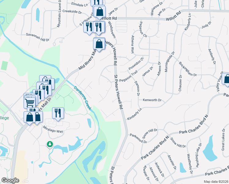 map of restaurants, bars, coffee shops, grocery stores, and more near 1420 Saint Peters Howell Road in St. Peters