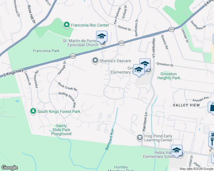 map of restaurants, bars, coffee shops, grocery stores, and more near Stoneybrooke Ln & Stonebridge Rd in Groveton