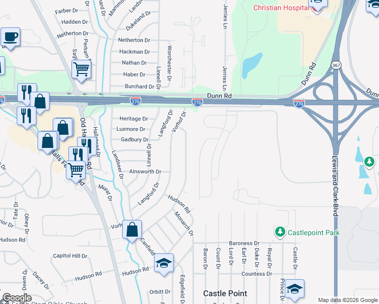 map of restaurants, bars, coffee shops, grocery stores, and more near 10736 Hallwood Drive in St. Louis