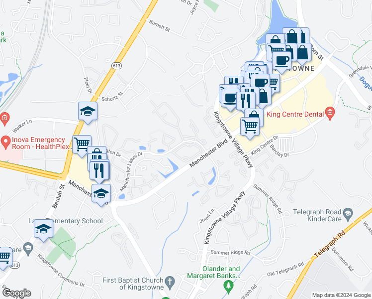 map of restaurants, bars, coffee shops, grocery stores, and more near 6947 Mary Caroline Circle in Alexandria