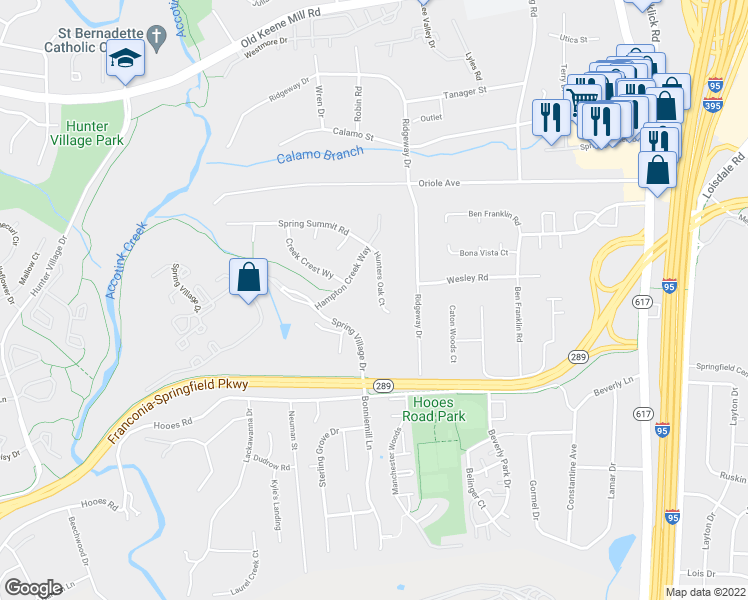 map of restaurants, bars, coffee shops, grocery stores, and more near 7365 Hunters Oak Court in Springfield