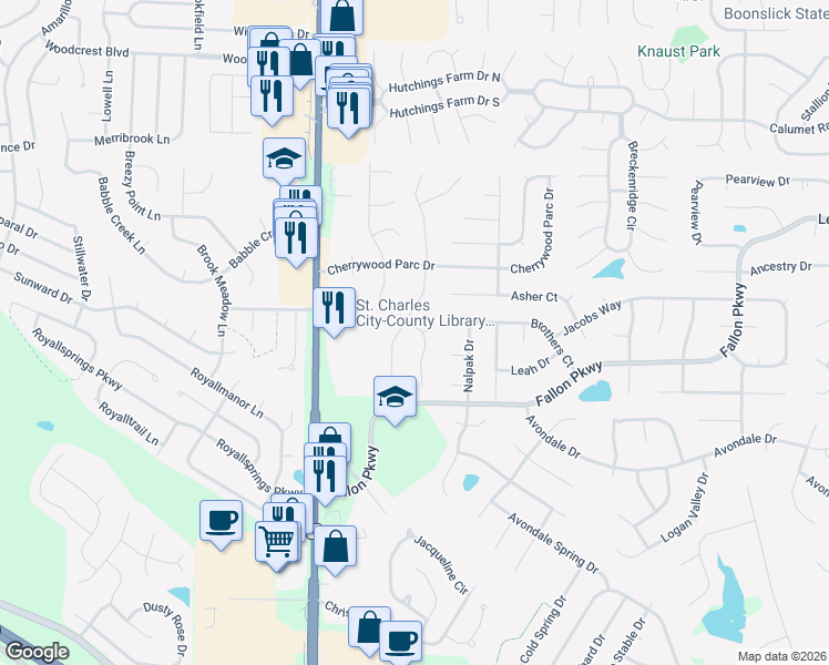 map of restaurants, bars, coffee shops, grocery stores, and more near 4 Red Cedar Parc Court in O'Fallon