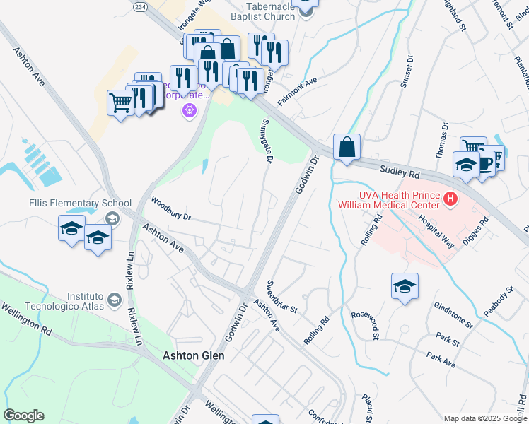 map of restaurants, bars, coffee shops, grocery stores, and more near 10124 Woodbury Drive in Manassas
