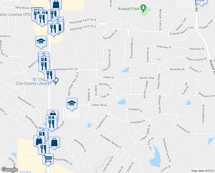 map of restaurants, bars, coffee shops, grocery stores, and more near 1914 Brothers Court in St. Peters