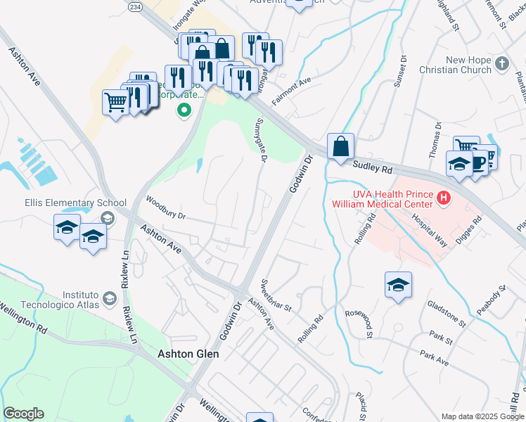 map of restaurants, bars, coffee shops, grocery stores, and more near 10120 Woodbury Drive in Manassas