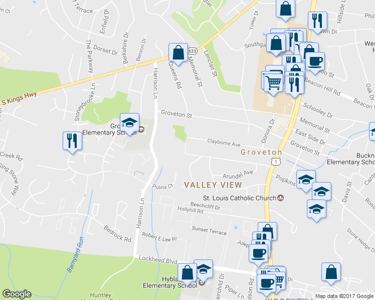 map of restaurants, bars, coffee shops, grocery stores, and more near 3418 Collard Street in Alexandria