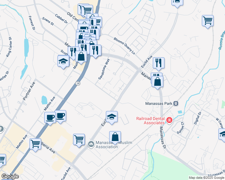 map of restaurants, bars, coffee shops, grocery stores, and more near 9022 Saint Steven Court in Manassas Park