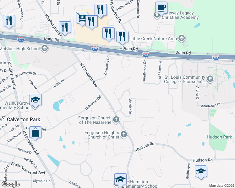 map of restaurants, bars, coffee shops, grocery stores, and more near 555 Monceau Drive in Ferguson