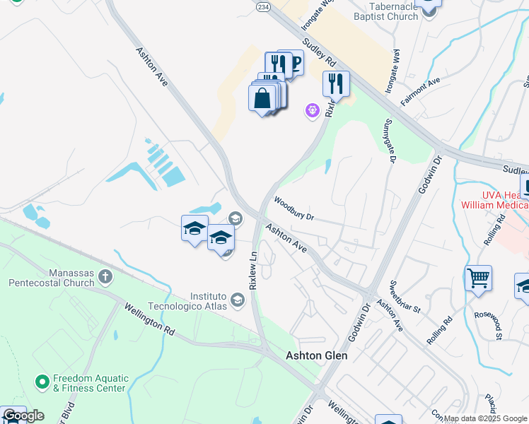 map of restaurants, bars, coffee shops, grocery stores, and more near 8800 Rixlew Lane in Manassas