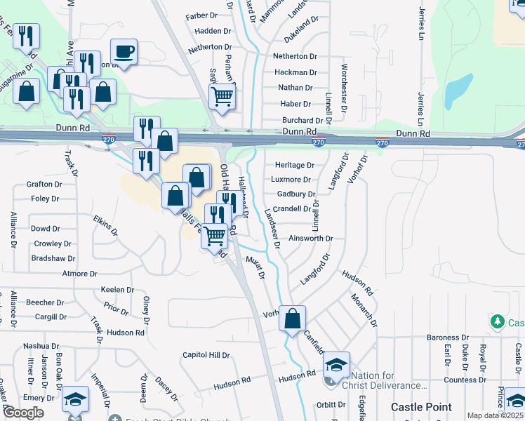 map of restaurants, bars, coffee shops, grocery stores, and more near 10743 Landseer Drive in St. Louis
