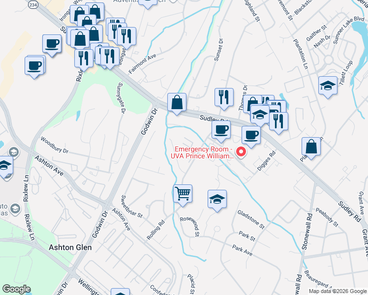 map of restaurants, bars, coffee shops, grocery stores, and more near 9915 Sugarwood Court in Manassas
