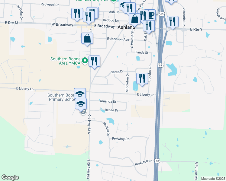 map of restaurants, bars, coffee shops, grocery stores, and more near 207 East Liberty Lane in Ashland
