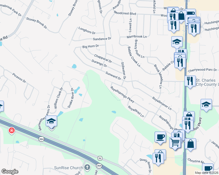 map of restaurants, bars, coffee shops, grocery stores, and more near 314 Royallsprings Parkway in Dardenne Prairie