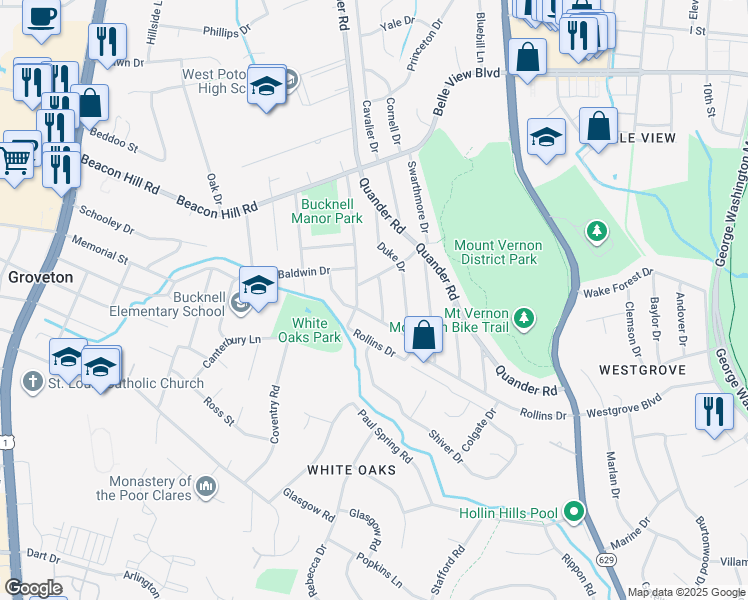 map of restaurants, bars, coffee shops, grocery stores, and more near 6914 Randolph Macon Drive in Alexandria