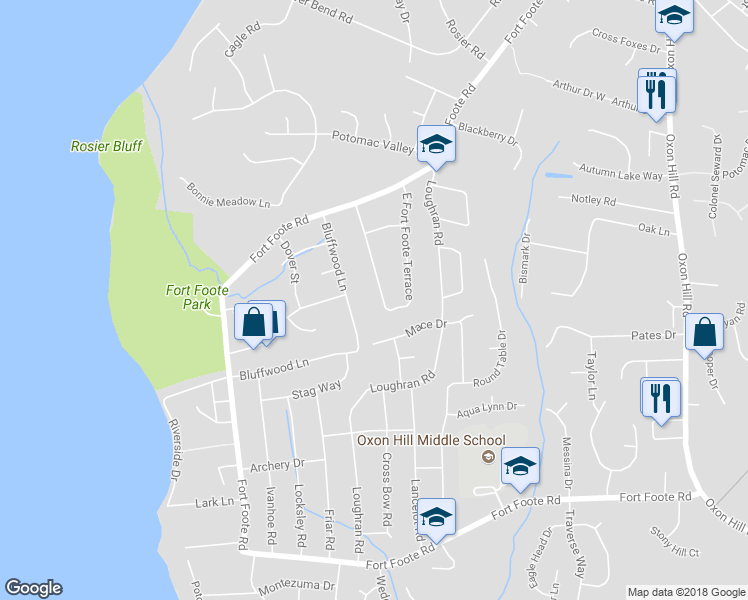 map of restaurants, bars, coffee shops, grocery stores, and more near 8817 West Fort Foote Terrace in Fort Washington