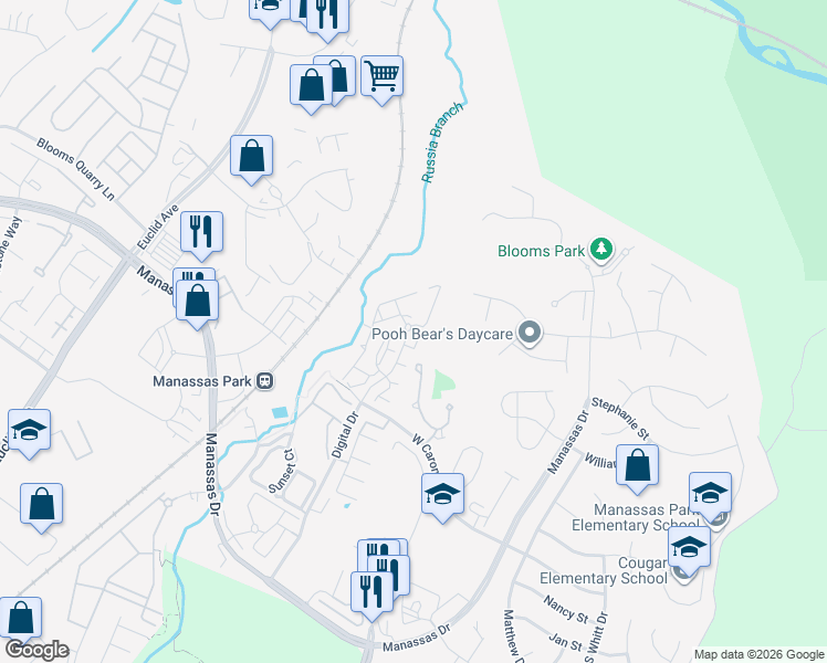 map of restaurants, bars, coffee shops, grocery stores, and more near 9628 Park Station Court in Manassas Park