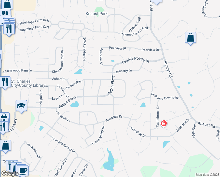 map of restaurants, bars, coffee shops, grocery stores, and more near 28 Jacobs Court West in St. Peters