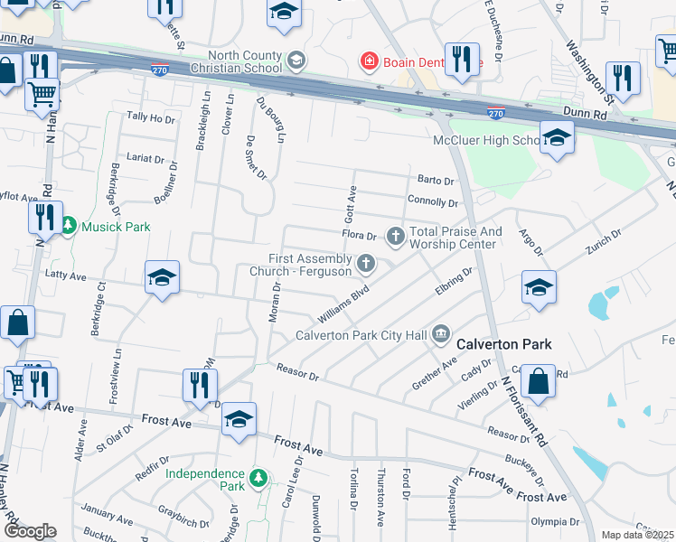 map of restaurants, bars, coffee shops, grocery stores, and more near 203 Gladys Avenue in St. Louis