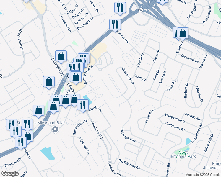 map of restaurants, bars, coffee shops, grocery stores, and more near 1400 Bridgeport Terrace in Saint Charles
