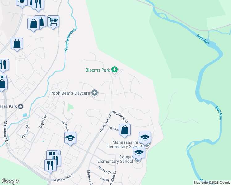 map of restaurants, bars, coffee shops, grocery stores, and more near 9203 Cynthia Street in Manassas Park