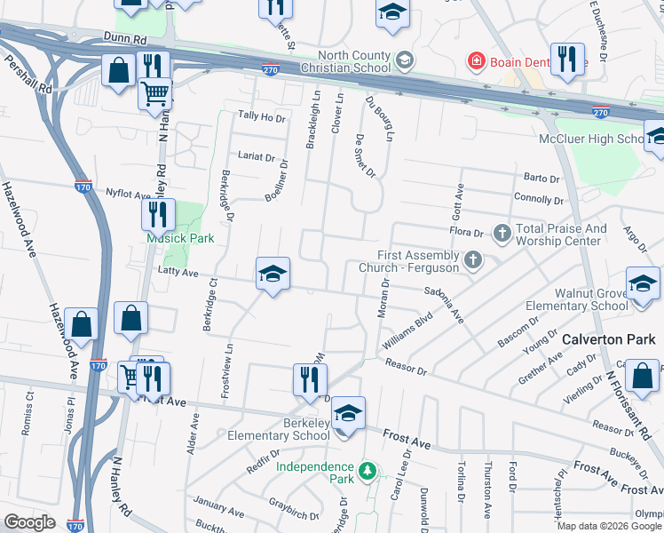 map of restaurants, bars, coffee shops, grocery stores, and more near 7040 Clover Lane in Hazelwood